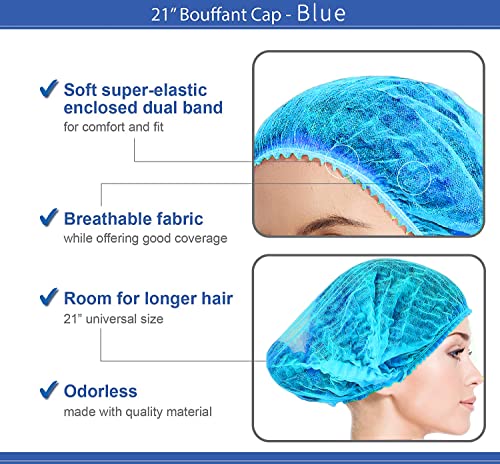 Image of Disposable Bouffant Caps, 21inches Hair Net, Elastic Dust Cap for Food Service, Kitchen Head Cover (Blue)