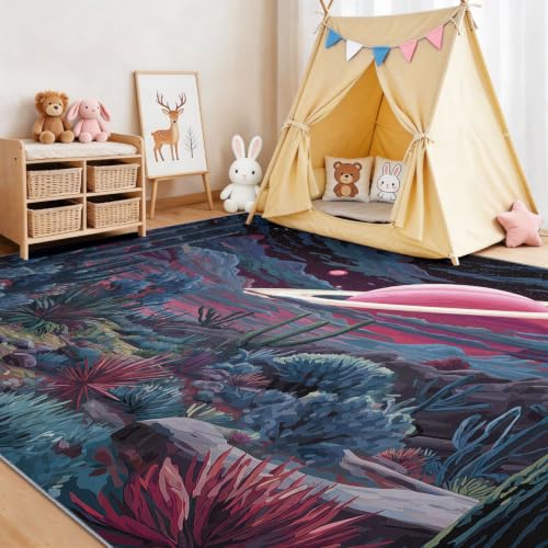 Tapis salon moelleux enfant motif planète rose bleu tapis intérieur - 4