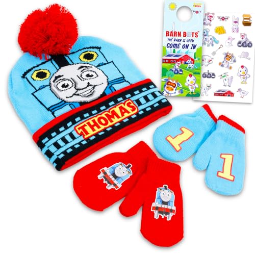 Image of Thomas the Train Hat and Mittens Set - Bundle with Thomas and Friends Beanie, Mittens, Stickers | Thomas the Train and Friends Winter Gear Gifts for Boys, Kids