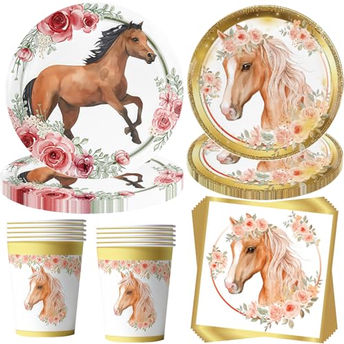 OMZSXK Conjunto de louça de 50 peças para festa de cavalos, conjuntos de acessórios para festa de aniversário de cavalos, canecas de cavalos para festa de aniversário infantil de 10 convidados