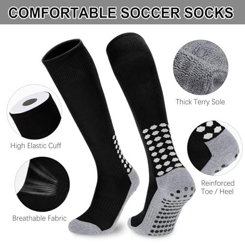 3 Pairs Kids Youth Grip Soccer Socks, Non Slip Knee High Soccer Football Sport Socks for Boys Girls Age 8-174