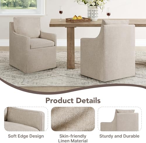 Upholstered Dining Chairs Set of 2, Modern Dining Room Chairs with Casters & Washable Cover, Rolling Accent Chair with Hidden Storage for Kitchen, Farmhouse, Living Room, Beige, 2 Box - Thumbnail 2