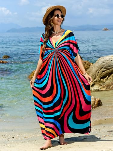 Image of sunforyou Kaftan Dresses for Women Plus Size Lightweight Swimsuit Cover up Batwing Sleeve Print Loungewear Beach Robe