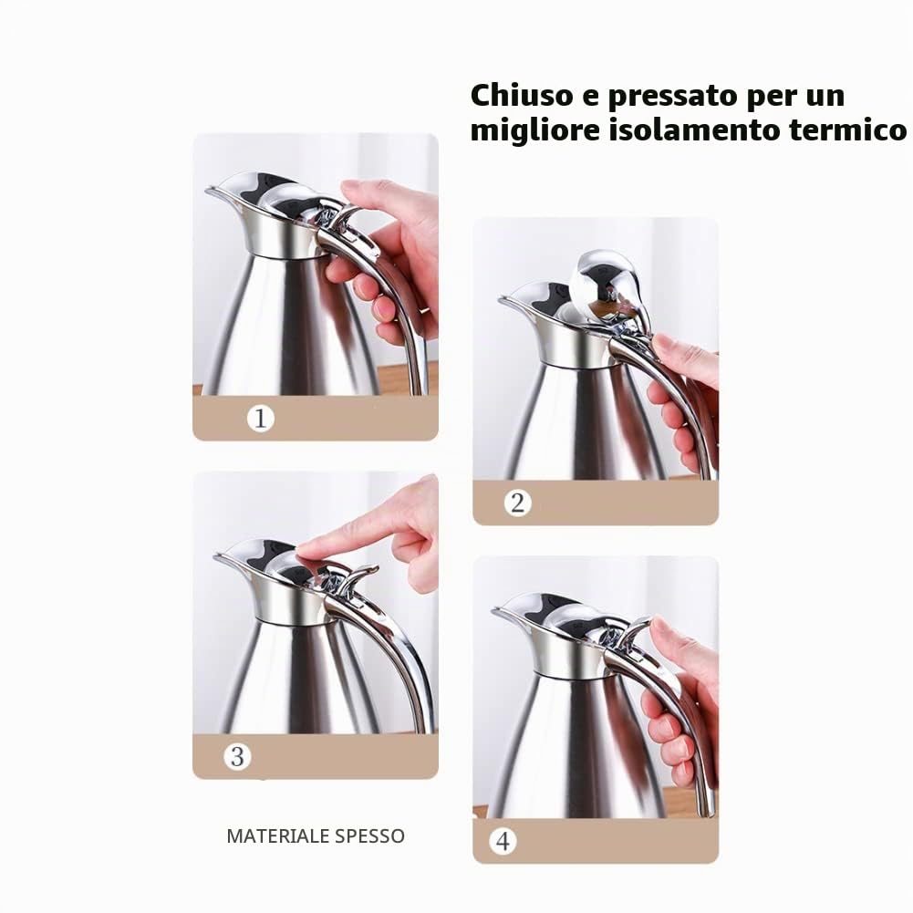 1,5 Litri Caraffa Termica in Acciaio Inox, Brocca/Thermos a Doppia Parete, Isolata Sotto Vuoto, per Tè o Caffè, Chiusura a Pressione, Mantiene Le Bevande Fredde e Calde per 24 Ore (1.5L-A-Argento-A)