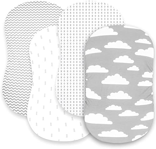BaeBae Goods Premium Bassinet Fitted Sheet Set - 4 Pack 100% Jersey Knit - Grey and White - Chevron Pattern - Standard Size Oval or Halo Bassinet Pads
