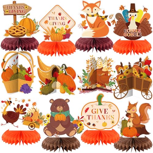 Image of 12 Pcs Thanksgiving Fall Party Honeycomb Centerpieces Decorations Autumn 3D Honeycomb Centerpieces Turkey Pumpkin Table Toppers Sign for Thanksgiving Fall Party Supplies