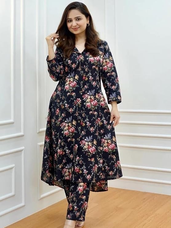 Image of GRECIILOOKS Co ord set for women stylish | Anarkali Kurta-Set - Viscose Printed Kurta & Straight Pant | kurtis| Festive Indian Traditional Outfit Dress for Functions & Puja | Trendy Travel & Streetwear Look for Woman | 3 /4 Half Sleeve