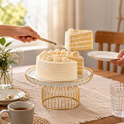 Image of Cake Stand with Gold Wire Base, White Metal Top, Round Pedestal for Dessert Display Premium Metal Cake Stand with White Tray & Gold Finish Base | Elegant Dessert Stand for Cakes, Pastries & Fruits | Decorative Serving Platter for Home, Parties & Gifting