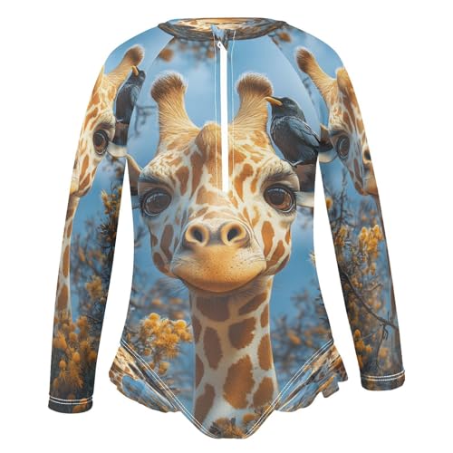 senya Toddler Girl Long Sleeve Ruffle Swimsuit One Piece Zipper Rash Guard Bathing Suit with UPF 50+ Giraffe2