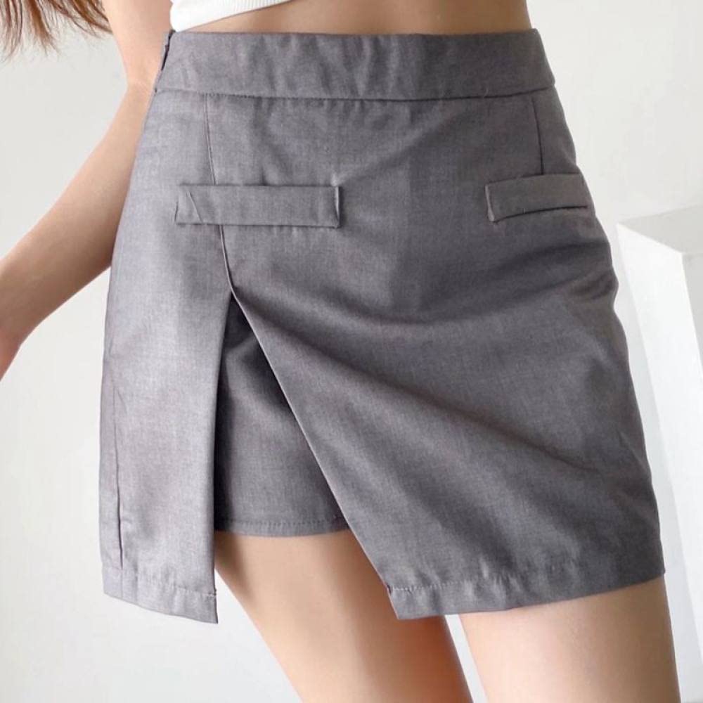 Röcke Für Damen,Damen-Minirock Grau High Waist Schlitz Hüften Wickelrock Einfarbiger Reißverschluss A-Linie Lagenrock Mit Hose Lässiger Kurzer Rock Für Mädchen Damen,M