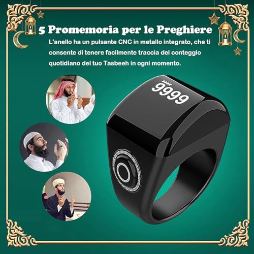 KEWAYO Smart-Ring Tasbih, Gebetszähler, digitaler Clicker, wiederaufladbar, Finger, Schwarz, 22 mm