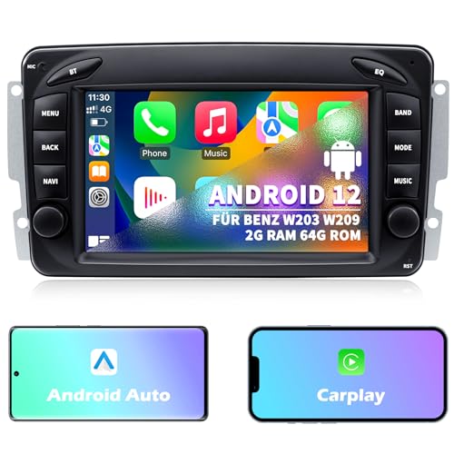 Autoradio pour Mercedes Benz Classe C W203 Classe G W463 CLK W209, Android 12 2G+64G avec Carplay Android Auto, écran Tactile IPS 7 Pouces GPS Navi Bluetooth Mirror Link WiFi Radio FM