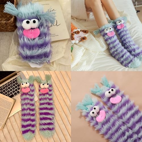 Warm Cute Plush Coral Fluffy Cartoon Monster Socks For Women - Funny Sleep Socks For Winter - Image 5