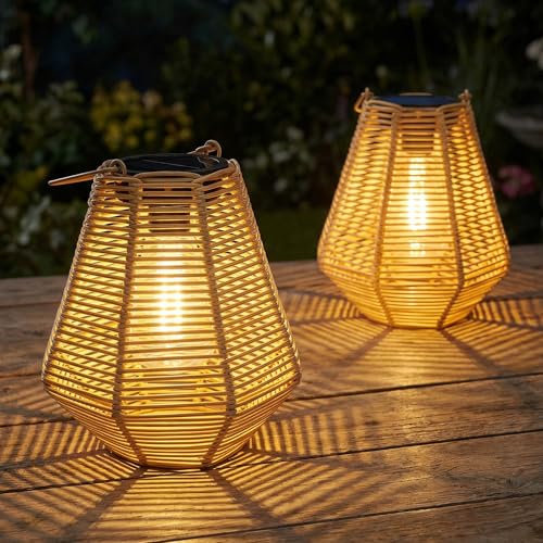 pearlstar Solar Lanterns Outdoor Waterproof 2Pack Rattan Woven Hanging/Table Solar Lights with Warm White Edison Light Bulbs for Patio Yard Garden Outside Boho Decor Gifts for Mom Women