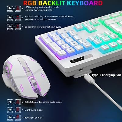 Wireless Gaming Keyboard and Mouse Combo - RGB Backlit, Rechargeable, Ergonomic, for Gaming Work, Long-Lasting Built-in Battery (White)