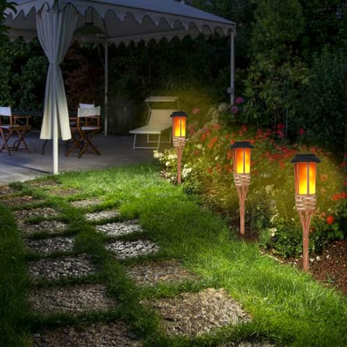 4 luces solares para exteriores, altura de 60 cm, impermeables, luces solares parpadeantes, decoraciones de camino para patio, patio, antorchas de bambú hechas a mano, luces de estaca de iluminación - imagen 9