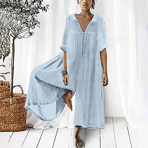 Womens Casual Jumpsuits Loose Fit Short Sleeve Lapel Linen Wide Leg Pant Romper Plus Size Baggy Comfy Summer Playsuit2