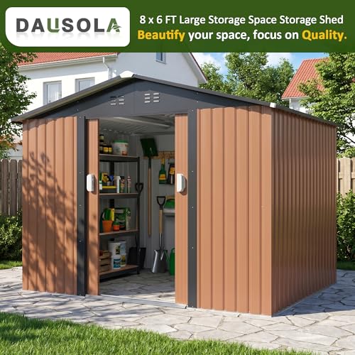 Image of DAUSOLA 8x6 FT Outdoor Storage Shed, Metal Garden Tool Shed with Updated Frame Structure and Lockable Doors, Ideal for Backyard Garden Patio Lawn, Brown