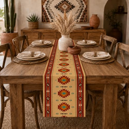 Image of Southwestern Aztec Table Runner, Vibrant Colorful Geometric Tribal Pattern Faux Linen, Bright Boho Dining Decor for Kitchen Table 13x36 Inch