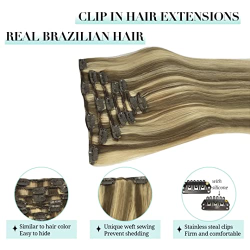 Image of DOORES Human Hair Extensions, Medium Brown Highlighted Golden Blonde 80g 7pcs 12 Inch, Clip in Hair Extensions Real Human Hair Extensions Human Hair Natural Straight Hair