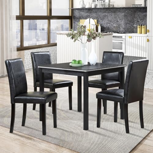 Image of KEIKI 5-Piece Standard Height Dining Table Set with Square Table and 4 Upholstered Chair, for 4 Person, Classic Crystal Decoration Wood Table Set, Easy Assembly, for Kitchen, Dining Room, Black