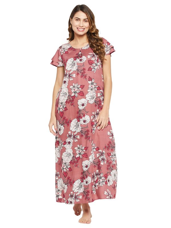 Image of Clovia Women's Rayon Printed Long Night Dress - Pink