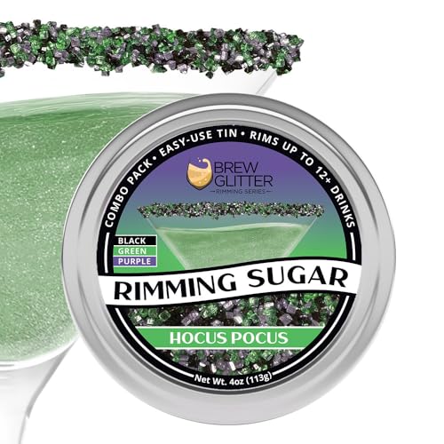Brew Glitter - Hocus Pocus Mix - Green, Purple & Black Rimming Sugar (4oz, 1x Bar Tin) Halloween Cocktail Garnish for Mixed Drinks & Refreshments