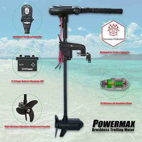 SEAMAX 12V PowerMax 2HP Brushless Trolling Motor, Stepless Speed Control, 65 Pound Thrust