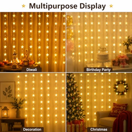 Image of Quace 80 Led Mini Star Curtain Light 3x1 Meter - Warm White Decorative LED for Home, Party & Festival Decoration