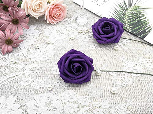 J-Rijzen Artificial Flowers 50Pcs Real Looking Dark Purple Fake Roses With Stem For Diy Wedding Bouquets Centerpieces Party Baby Shower Home Decorations (Purple) #TOP4
