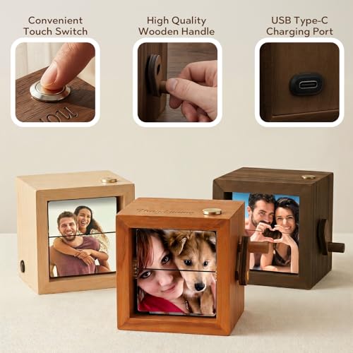 Álbum de Fotos Personalizado con Mecanismo de Manivela, Caja Fotográfica de Madera con Texto Grabado y Luz LED, Ideal como Regalo para Cumpleaños, Día de San Valentín o Aniversario miniatura 3