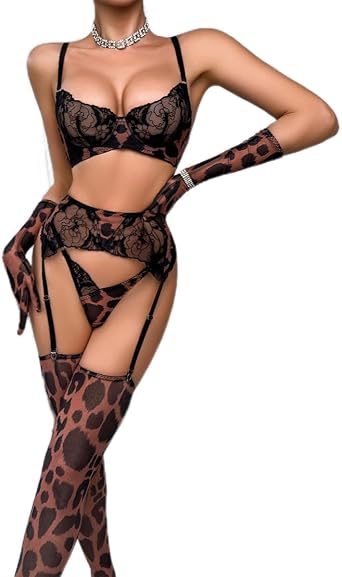 Sexy Lingerie for Women Leopard Print Garter Belt Lingerie Set Sheer Lace Underwire Lingerie with Stocking and Gloves
