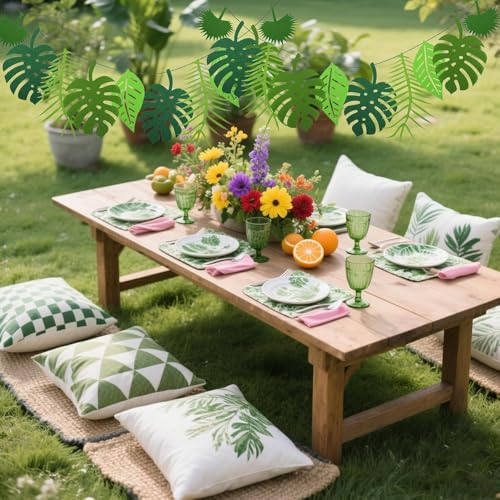 2 Stück Dschungel Deko Geburtstag, Palmenblätter Dschungel Deko, Künstliche Tropische Blatt-Girlande, für Geburtstagsfeier,Hawaii Gartenparty,Dschungel Mottoparty