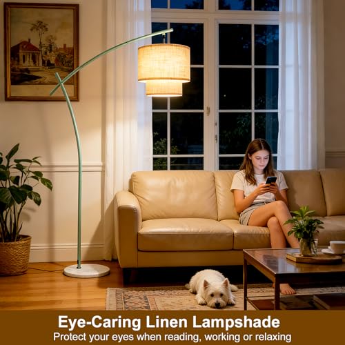 Image of Lightdot Arc Floor Lamp for Living Room, Modern Standing Tall Lamps with Double Linen Lampshade, Tall Hanging Pole Lamp with Bulb Included for Bedroom Sofa Beside /Corner Decor - Grayish Green
