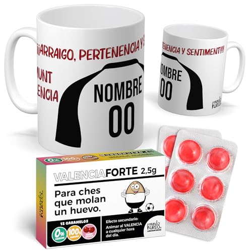 mundohuevo Taza Personalizada Valencia + Caramelos Divertidos | Regalo Original para Verdaderos Ches | Cosas de Fútbol para Niños | Regalos Camisetas Futbolistas Mundial (Valencia F.C.)