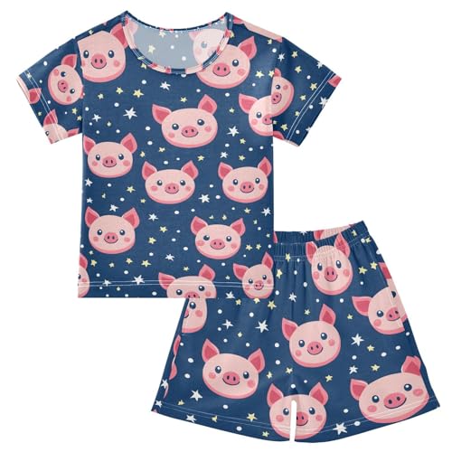 ALAZA Starry Pig Piggy Blue Pajamas Set Short Sleeve Cotton Sleepwear Summer Pjs 2 Piece 5-14Y