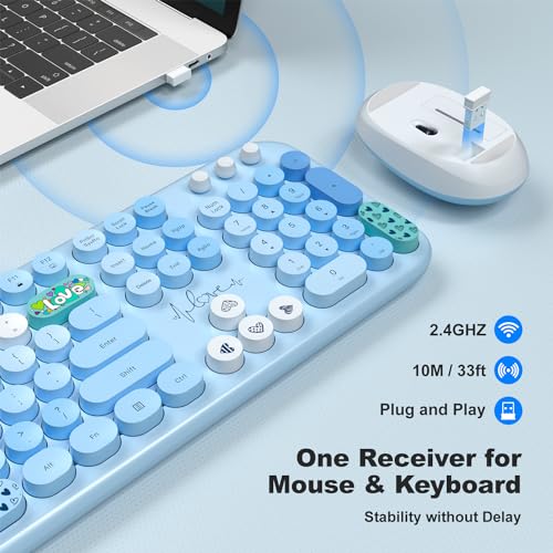 Image of KNOWSQT Wireless Keyboard and Mouse Combo - Lovely Blue Rainbow 2.4G Full-Sized Colorful Keyboards, Round Keycap USB Dongle Plug Play Cute Keyboards for Windows, Laptop, PC, Desktop, Mac