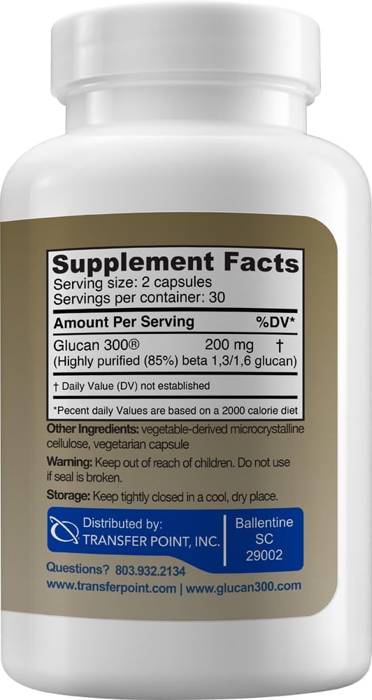 Transfer Point Yeast-Derived Beta 1,3D Glucan (1,3/1,6 B-Glucans) 200mg, Minimum 85% Beta Glucan Content, Non-GMO, Vegetarian, All-Natural Immune Support, 60 Capsules - Image 2