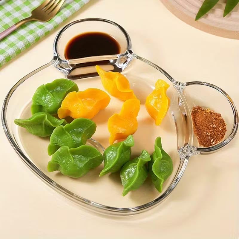 Image of PrimeWorld 2pcs Bear-Shaped Borosilicate Glass Grid Plate | 9.25 Inch Salad Plates | Microwave & Oven Safe Partition Dish | Multi-Functional Tableware for Noodles, Chips, Dumplings, Pastries & More