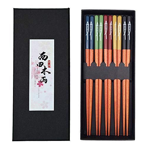 Caalio 5 Pairs Wooden Chopsticks Reusable Japanese Style Chopstick Gift Set, Dishwasher Safe 22.5 cm/8.8 inches, Multi-Color Fish