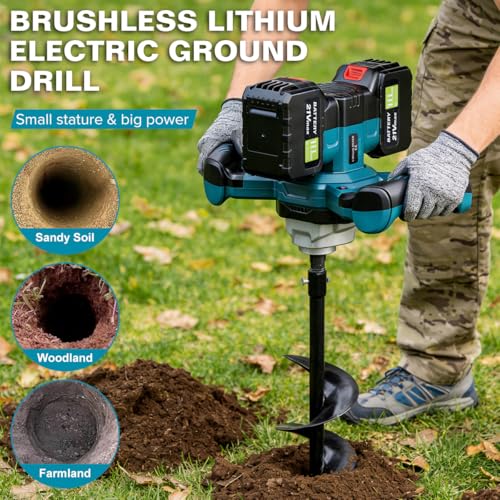 Post Hole Digger,Cordless Earth Auger,Electric Earth Auger,Includes 1twist drill bit with two batteries and one charger,With forward/reverse function,for Post Hole Digging, Drilling,Tree PlantingPlant
