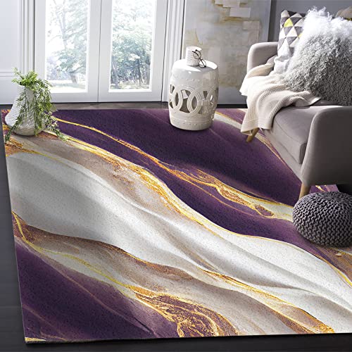 Marble Purple Area Rug 4'X7' For Living Room, Kids Teen Girls Boys Bedroom, Abstract Gold White Modern Art Outdoor Indoor Washable Carpet Runner Area+Rug For Kitchen, Hallway, Entryway #TOP2