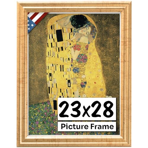 Antique Gold 23x28 Picture Frame .75" Inch Wide - Gold Wall Decor Handmade Solid Wood Frames with Preinstalled Hangers and UV Blocking Plexiglass 28x23 Frame