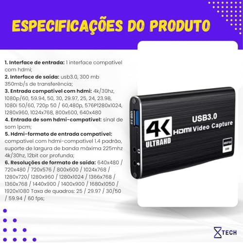 Placa de Captura de Vídeo 4K HDMI USB 3.0, 1080p 60fps, Qualidade Full HD 8X TECH