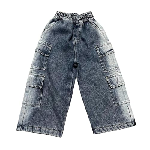 BILIKEYU Boys Streetwear Jeans Elastic Waist Baggy Wide Leg Denim Cargo Pants with Side Multi Pockets 1 to 103