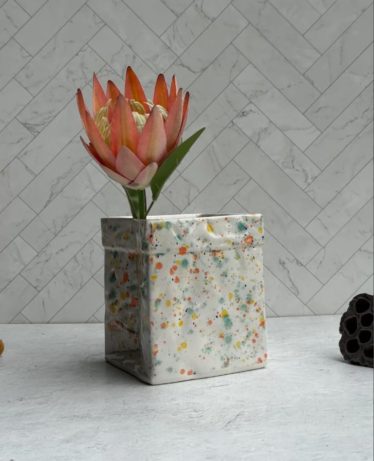 Ceramic Utensil Holder and Planter - Market Paper Bag Shaped Earthenware Crock for Kitchen Cooking Tools - Unique Flower Pot Decor
