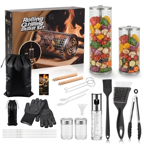 Design Rotante 360° per una Cottura Uniforme – I cestini rotanti in acciaio inox 304 garantiscono una distribuzione omogenea del calore, evitano bruciature e facilitano il capovolgimento – ideale per gas, carbone & griglie elettriche.