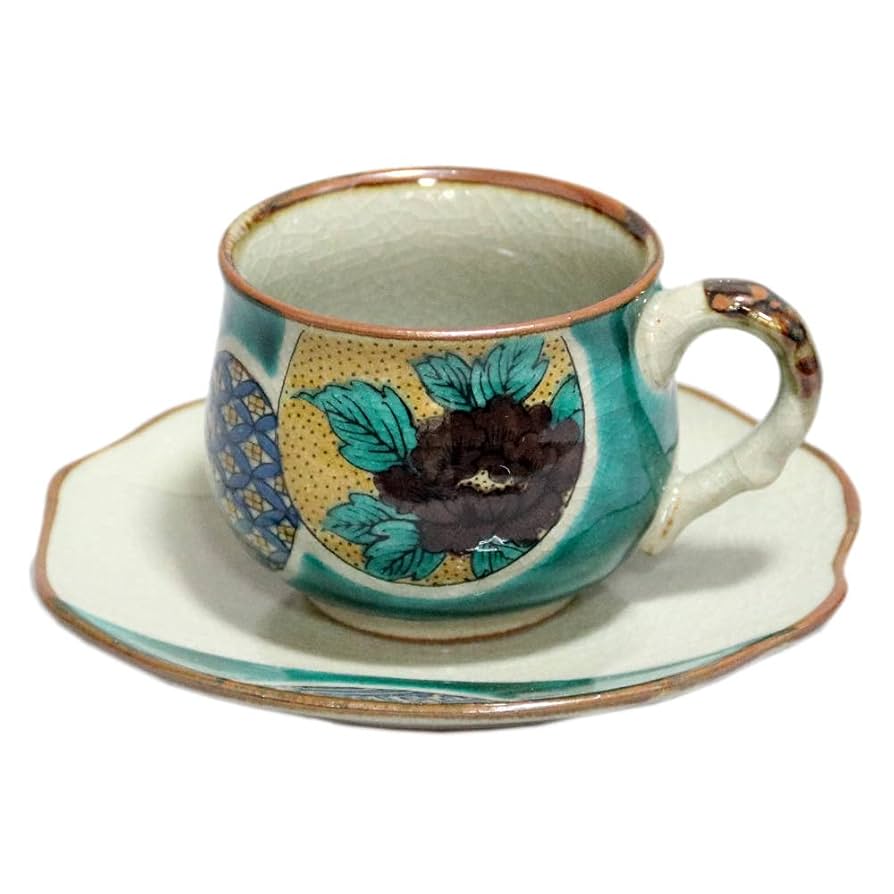 Amazon | 九谷焼 美山窯 カップ＆ソーサー グリーン丸紋 縄手