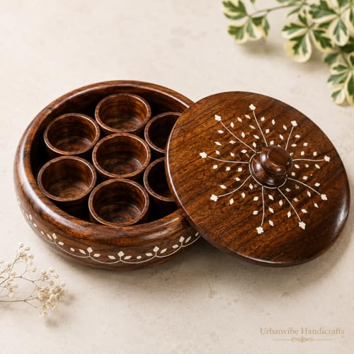Image of Wooden Masala Box & Spoon | Sheesham Wood Spice Box with White Floral Inlay Design on Lid & Side | Handmade Round Masala Dabba Organizer (7 Containers, 40 ml Each, Brown)