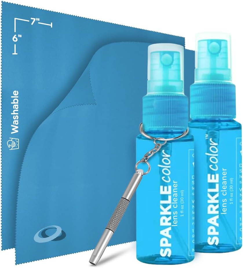 Kit de reparación y limpiador de lentes seguro antirreflectante Sparkle – (2) spray limpiador de gafas de 1 oz, (2) paño de microfibra y destornillador de llavero para anteojos, gafas de sol, lentes y pantallas (juego de 5 piezas)